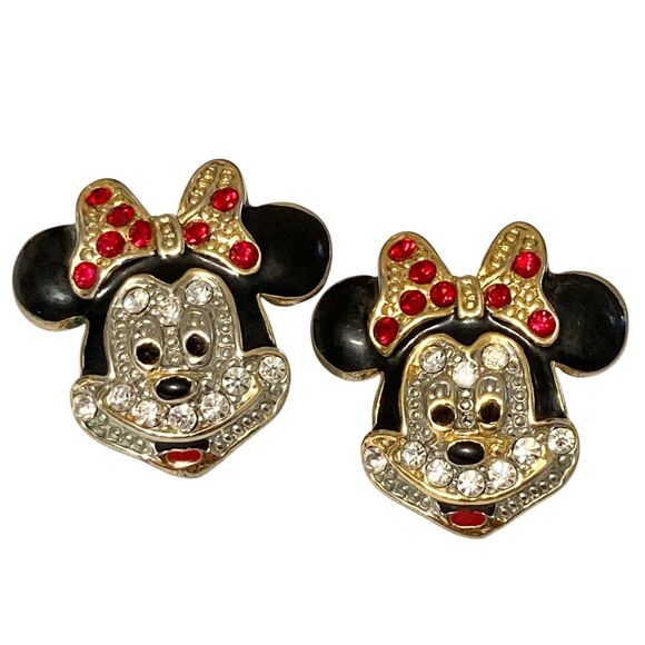 Vintage Disney Minnie Mouse Earrings Post Crystal Rhinestone Enamel Taiwan - Picture 1 of 10